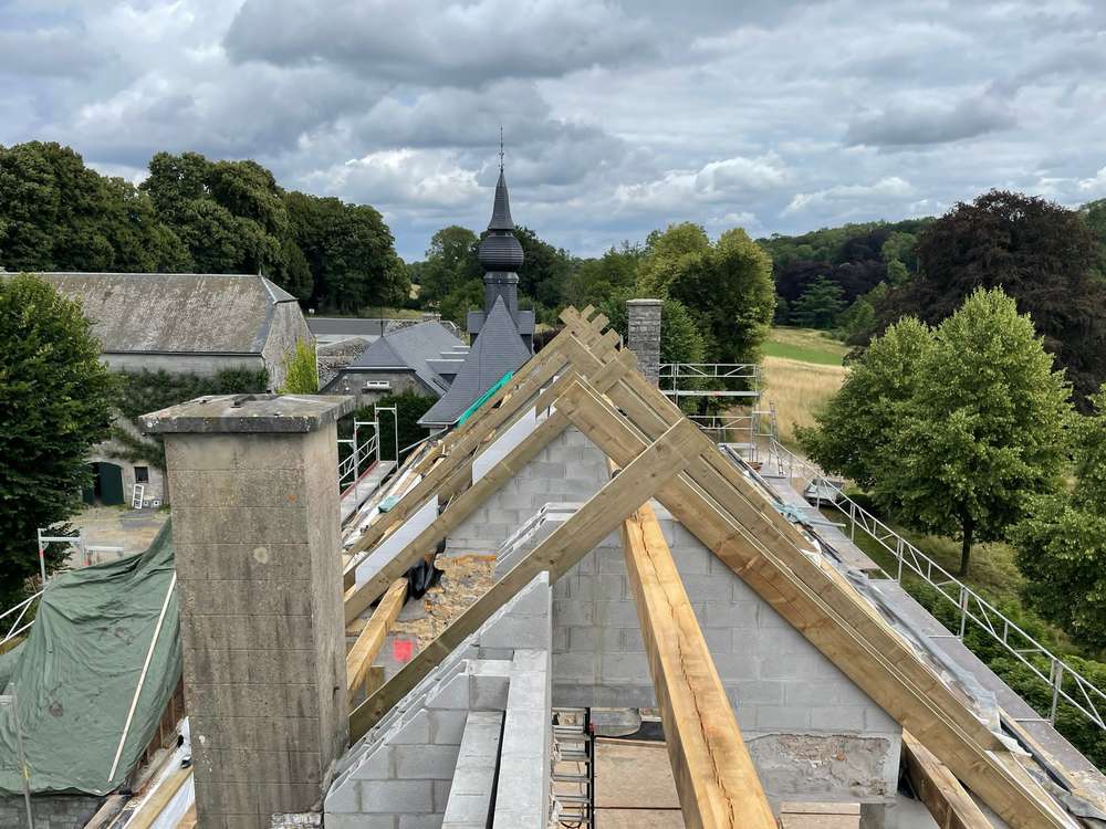 Chevrons neufs sur la toiture d'un château