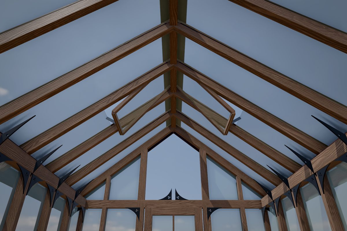 La charpente vue de l'intérieur : chevrons, équerres, ouvrants